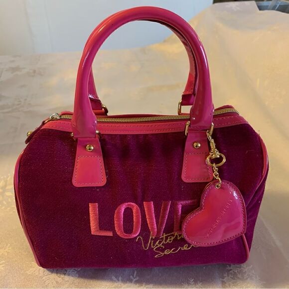 Vintage Love Victoria Secret Mini Handbag Wine Corduroy & Pink Vegan Leather - Picture 1 of 8
